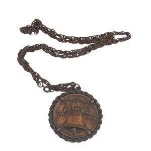 Vintage Bicentennial Liberty Bell Coin Pendant Necklace 1776-1976 Copper Tone Me
